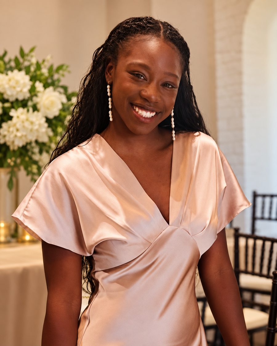 Amela Johnson, smiling, in a blush satin dress and pearl earrings.