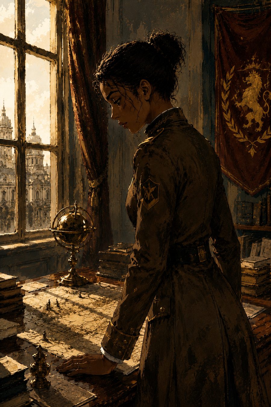Lowles, in a brown military coat, studies a map spread across a desk beside a brass globe and a crimson lion banner.