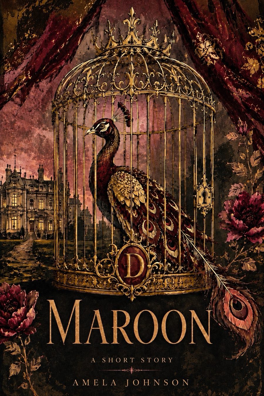 Maroon, a short story by Amela Johnson. The cover shows a maroon and gold peacock inside a crowned golden birdcage marked with the letter D, in front of a candlelit estate.