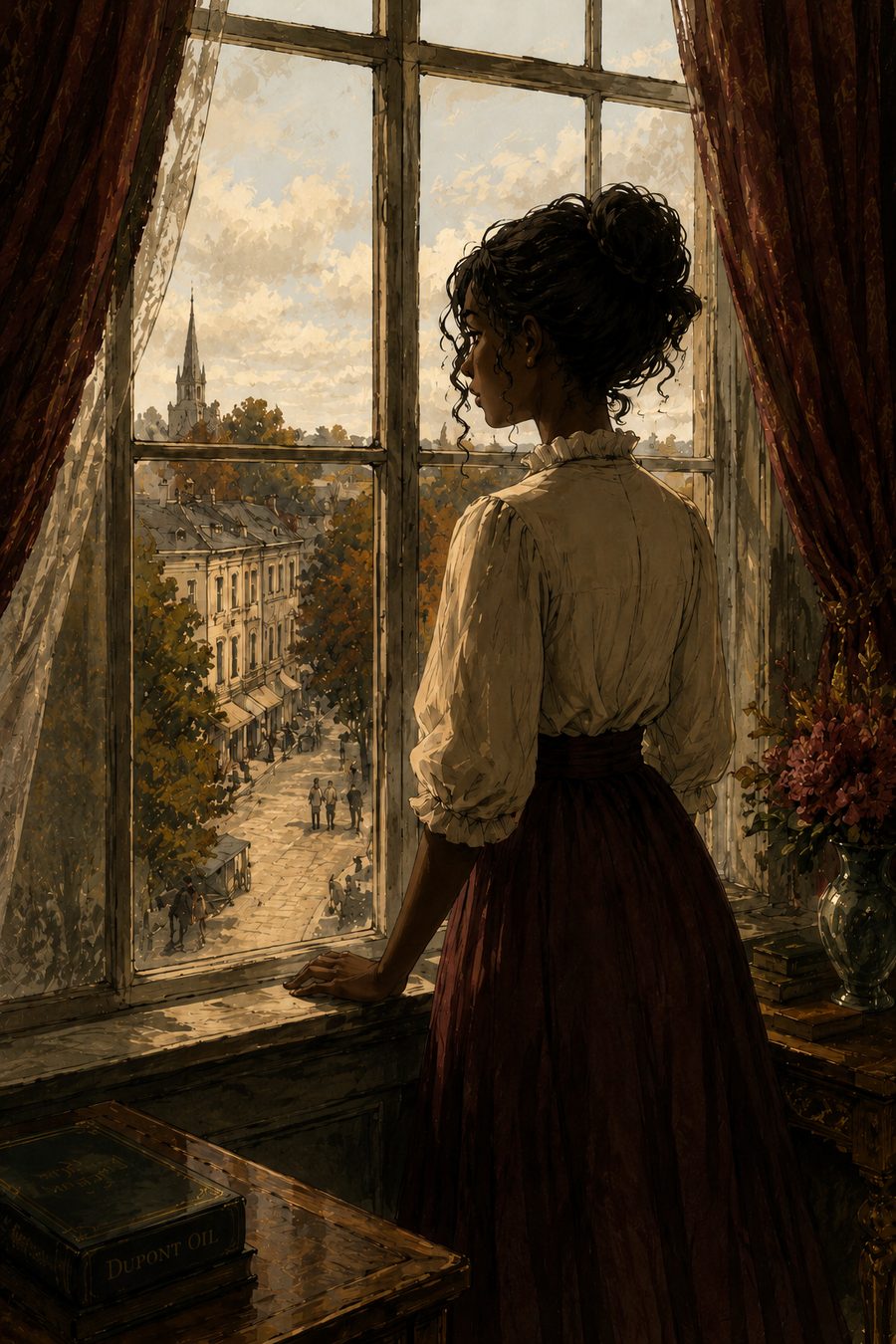 Maroon, in a cream blouse and maroon skirt, looks out a tall window over the autumn streets of the city.