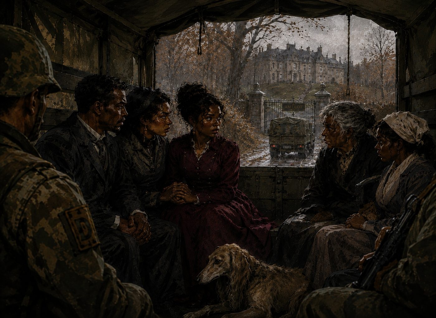 Maroon, in a maroon dress, sits in the back of a canvas army truck with her family and their Saluki, guarded by soldiers, as they are driven away from the gates of Amelot.