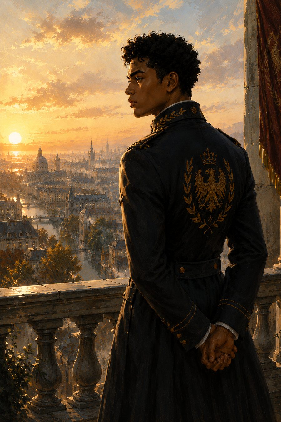 Tomas, in a black coat embroidered with a gold crowned eagle, stands on a stone balcony above the capital at sunset.